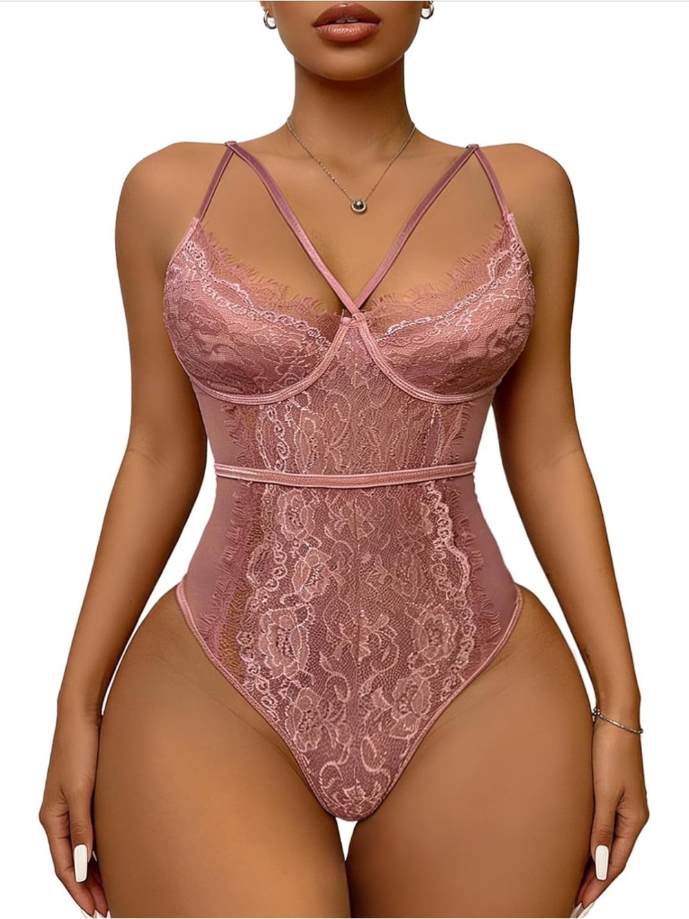 Mauve Pink Lace Strappy Bodysuit with Underwire Support